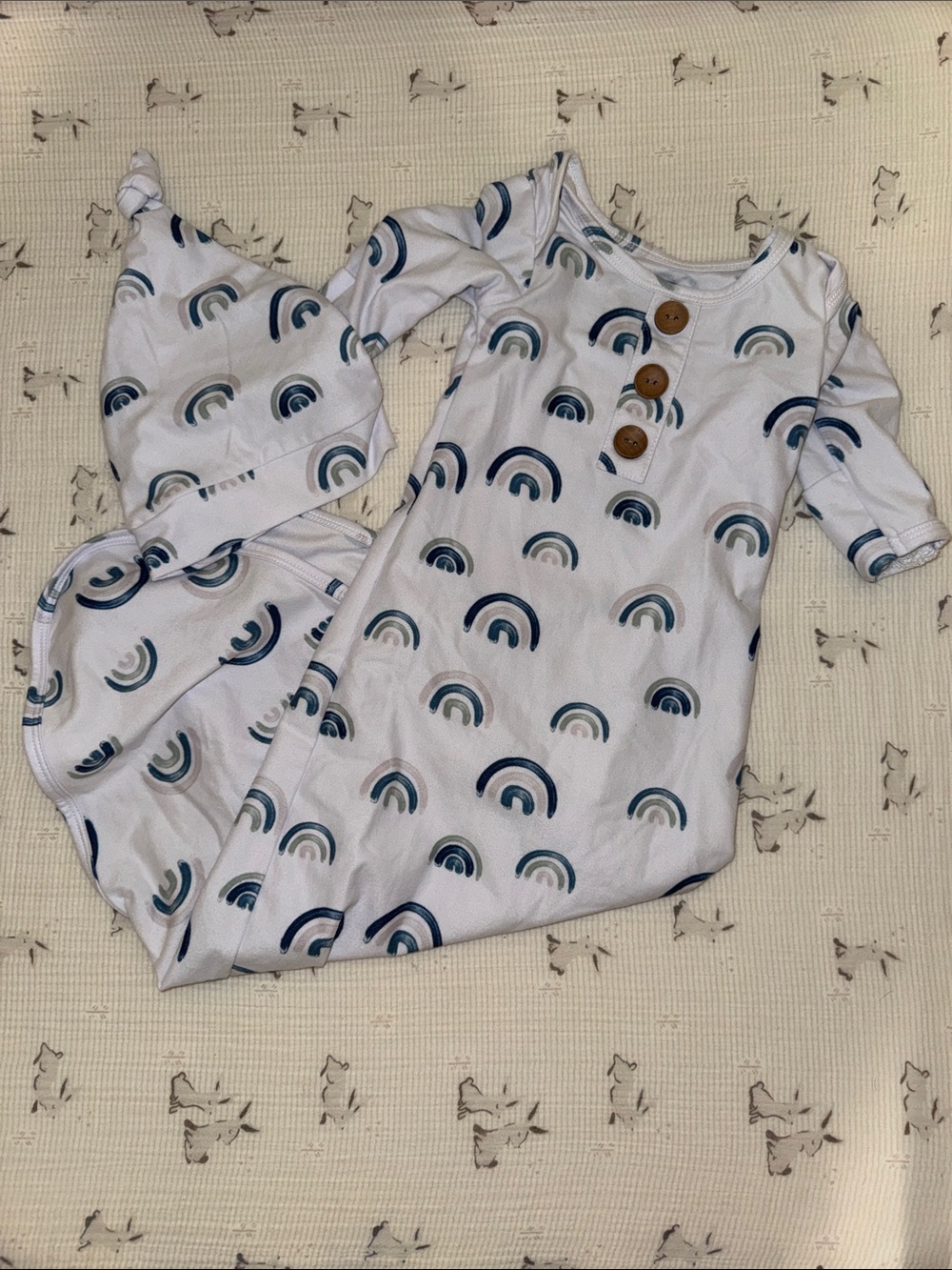 Caden Lane White Infant Gown & Knot Hat Set with Navy and Sage Stripes